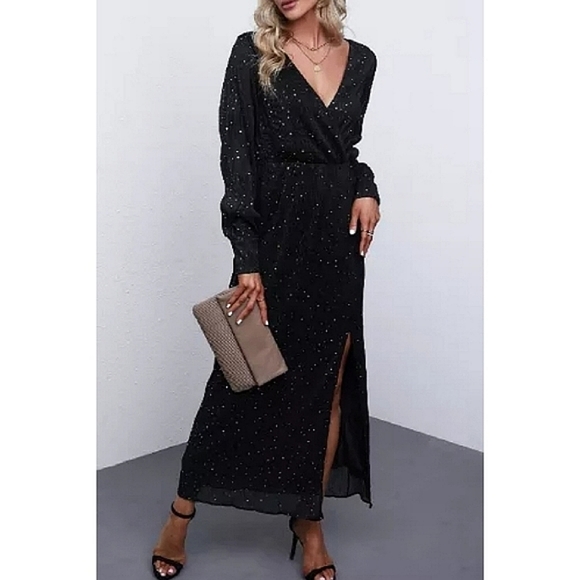 LAST ONE!! Plus Size ADRIANA Gold Sparkle Maxi Dress With Long Sleeves - Picture 3 of 9